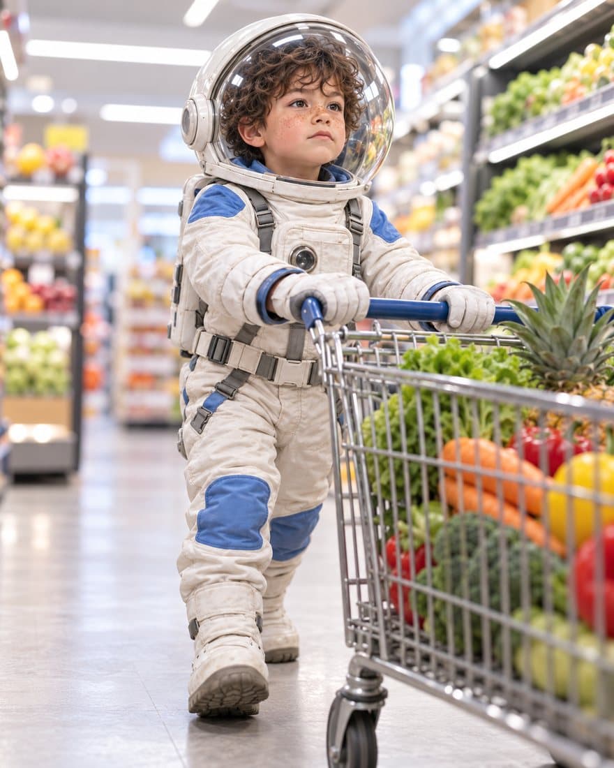 Milo in his space suit and bubble helmet pushing a shopping trolley down a supermarket aisle