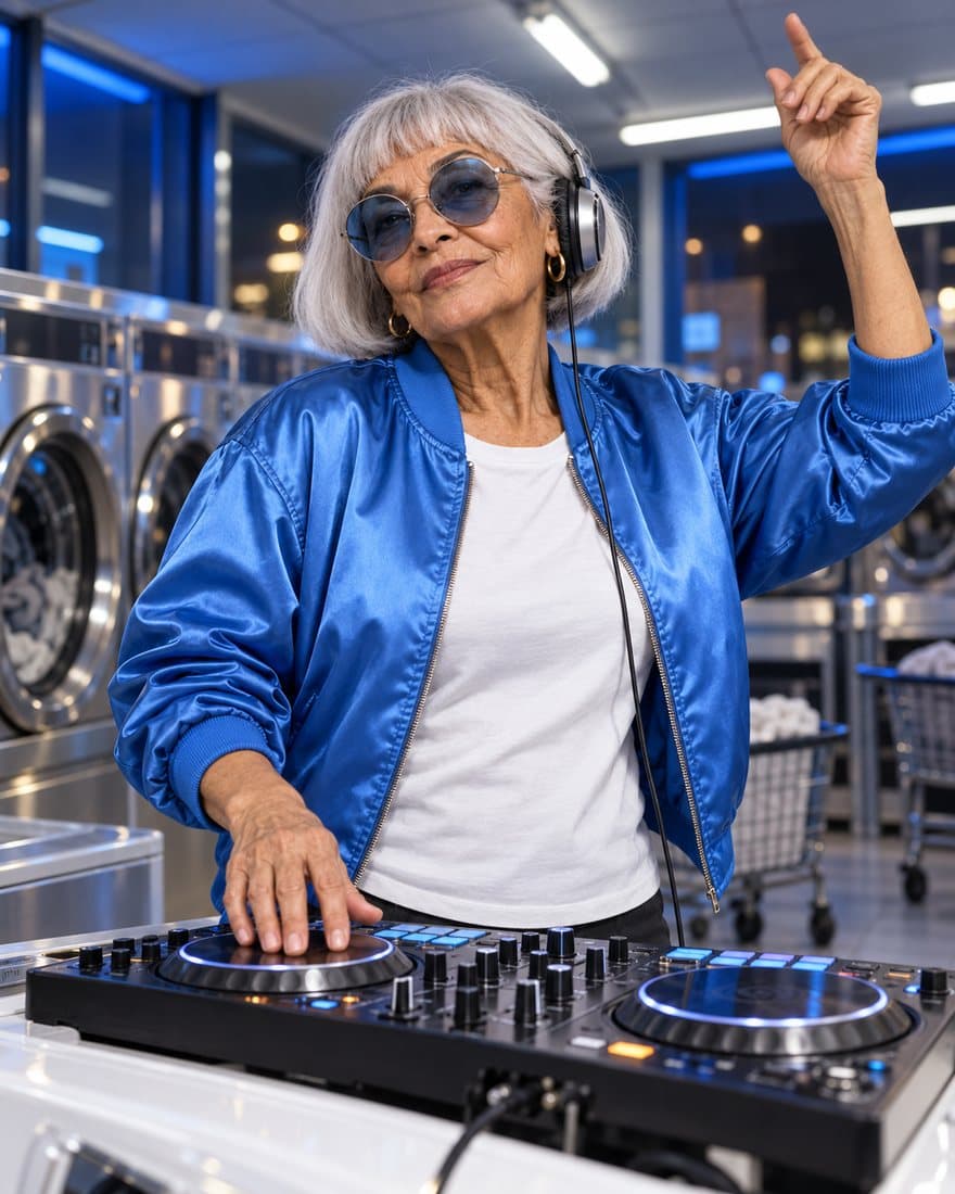 Nana Rosa DJing on a controller set up on a washing machine in a laundromat at night