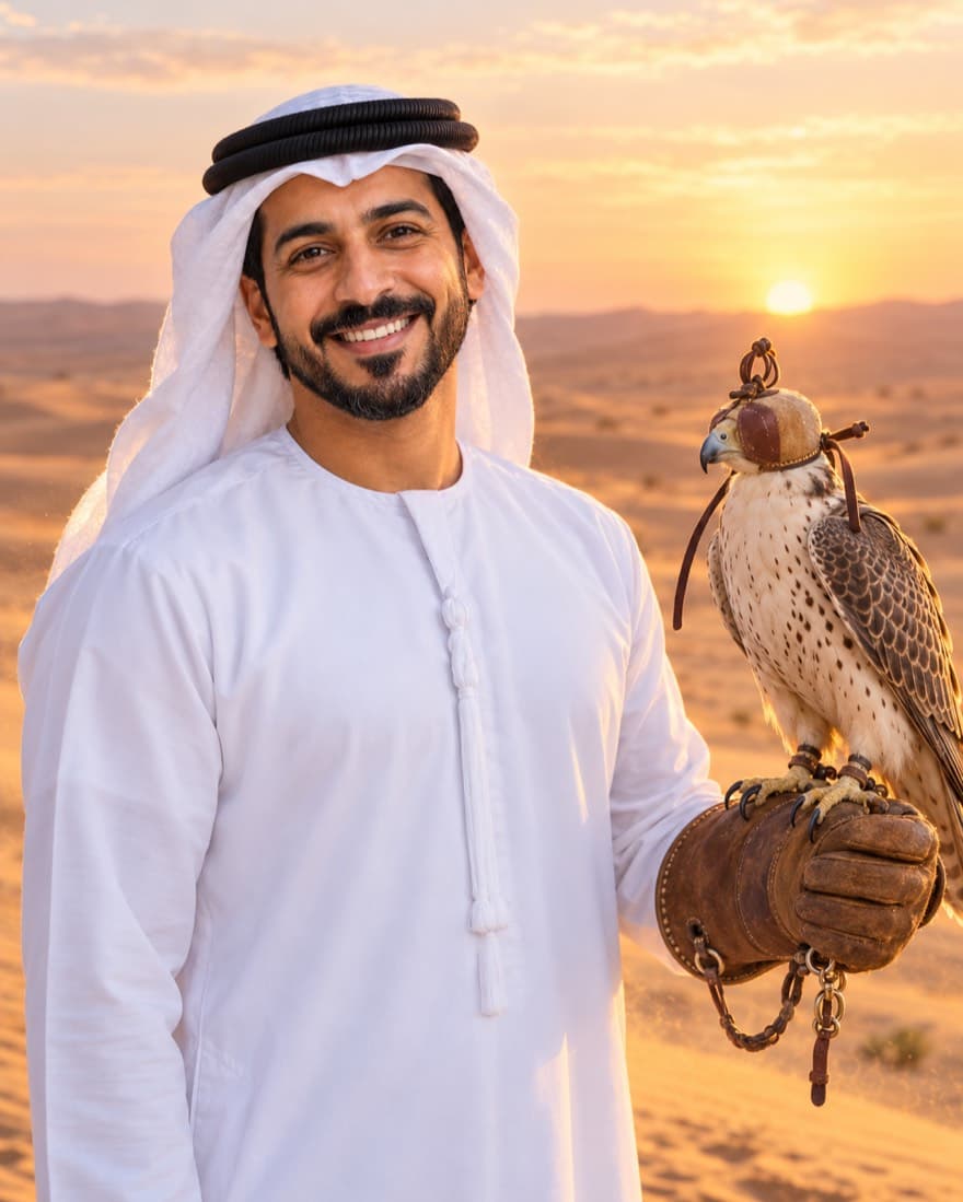 Saeed in his white kandura and ghutra on a desert dune at sunrise, a hooded falcon on his gloved arm