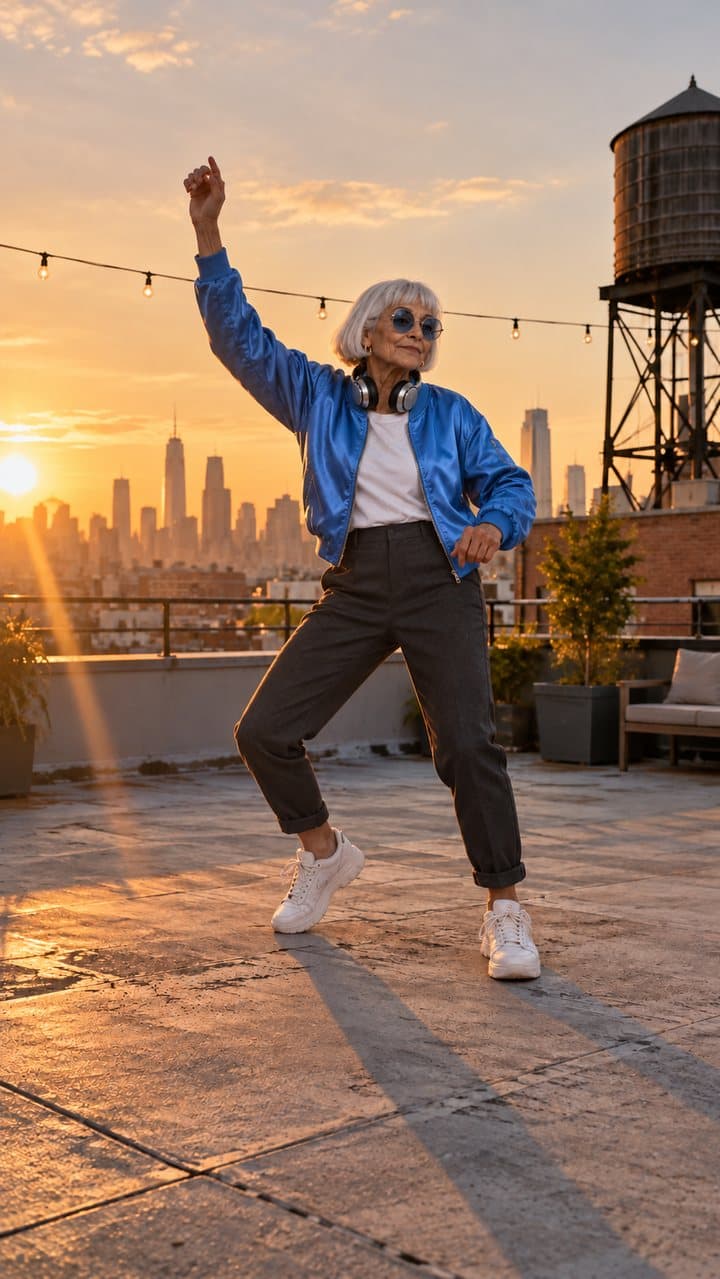 Nana Rosa, a grandmother in a sky-blue satin bomber and round blue sunglasses, dancing on a rooftop at sunset