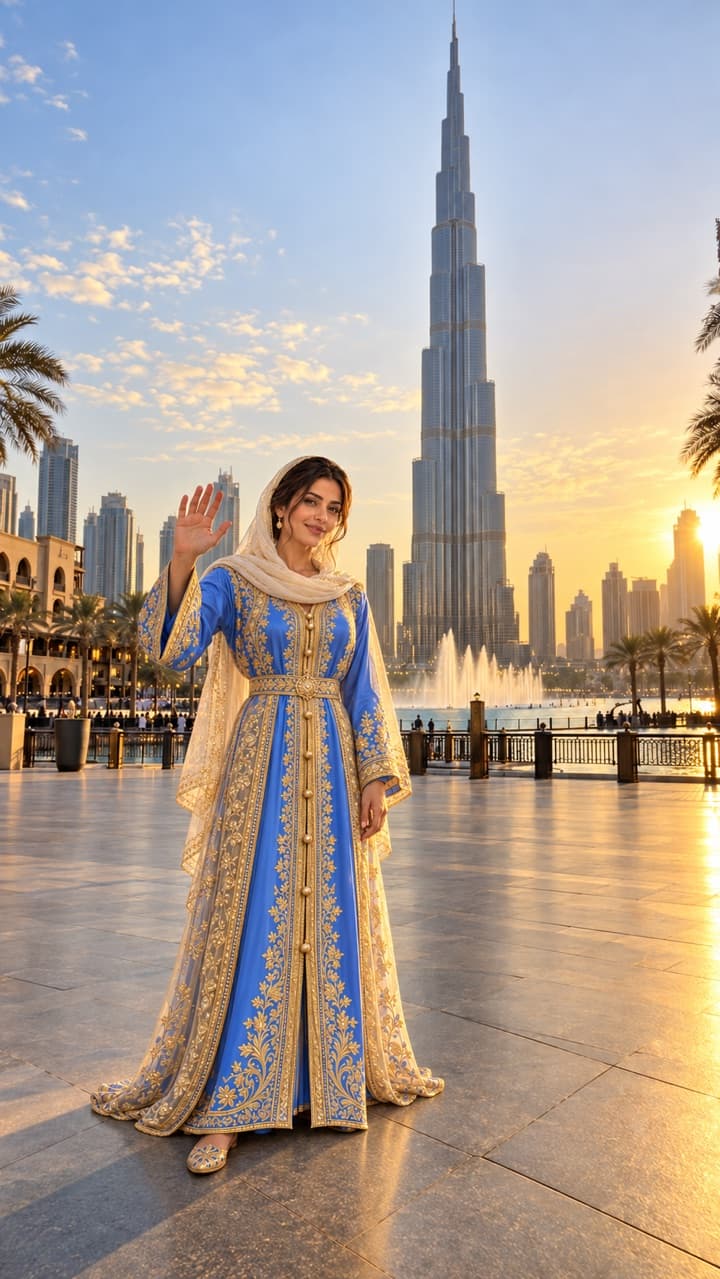 Layla, a woman in a bright blue and gold embroidered qaftan and an ivory shayla, waving in front of the Burj Khalifa at golden hour