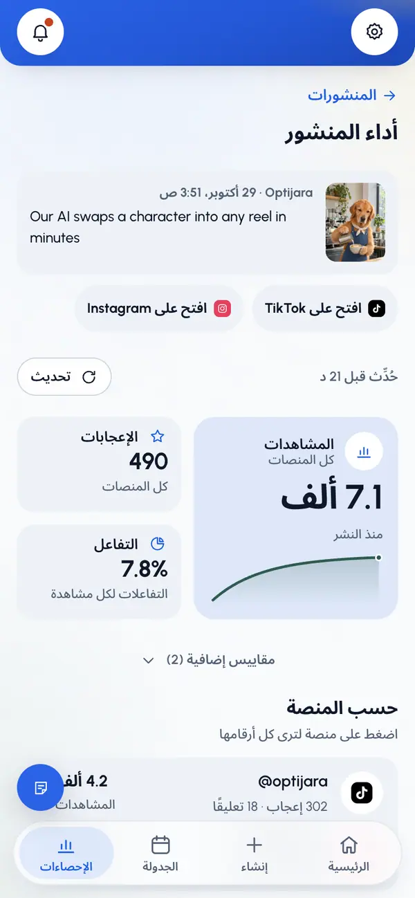 اطّلع على أداء المنشور: الفيديو ونص المنشور ورابط لفتحه على كل منصة.