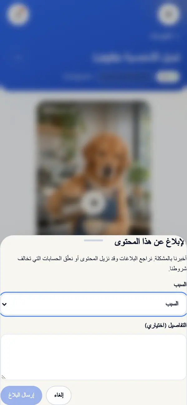 اضغط على إبلاغ. تُفتح نافذة الإبلاغ عن هذا المحتوى.