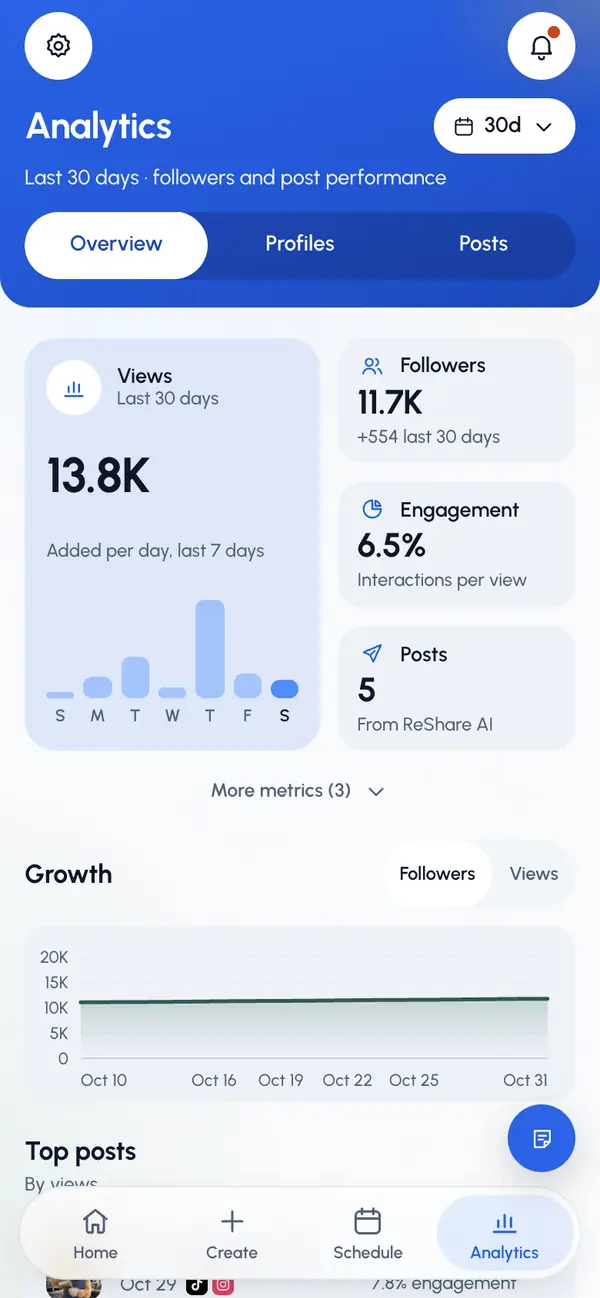 Pick a view: Overview, Profiles or Posts. On a phone, the views are chips under the title. On a computer, they're tabs.