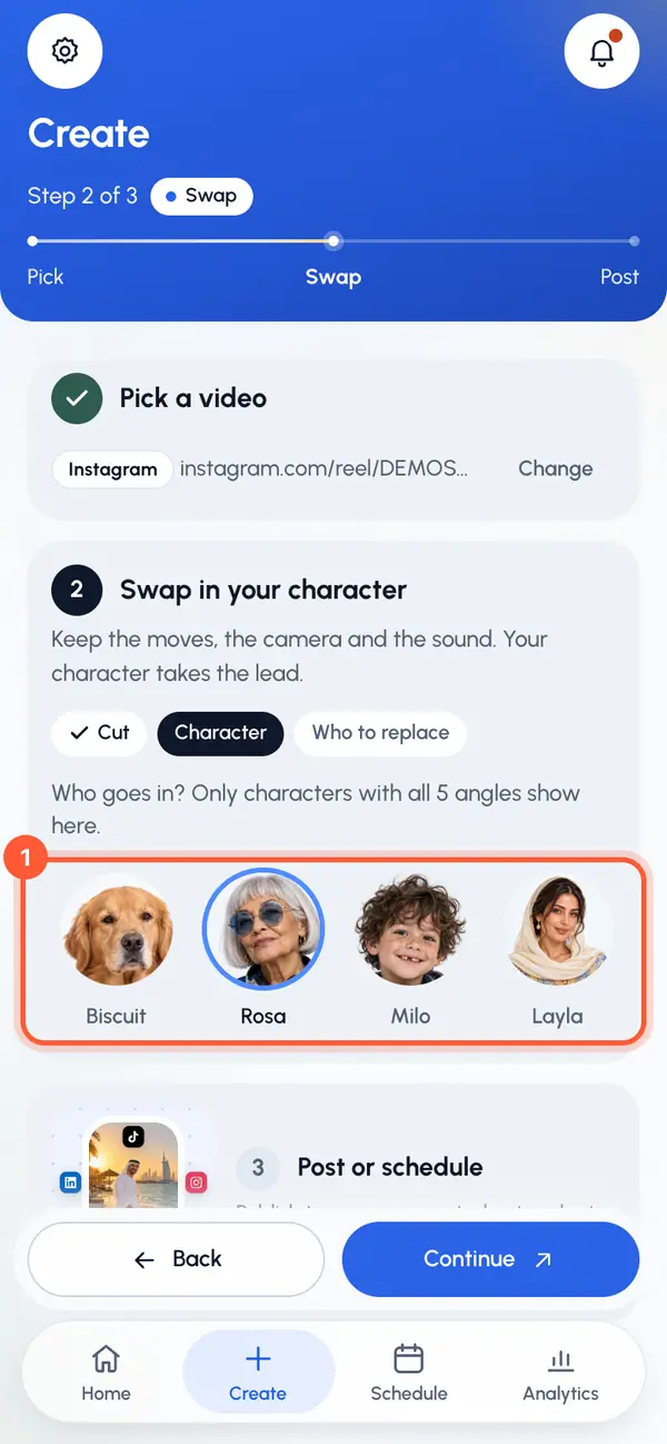 In Character, tap the character you want. The first ready one is already picked.