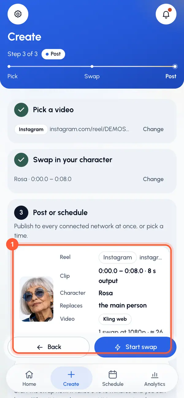 Check the summary: Reel, Clip, Character and Replaces. If your plan counts swaps, Uses shows what this swap uses.