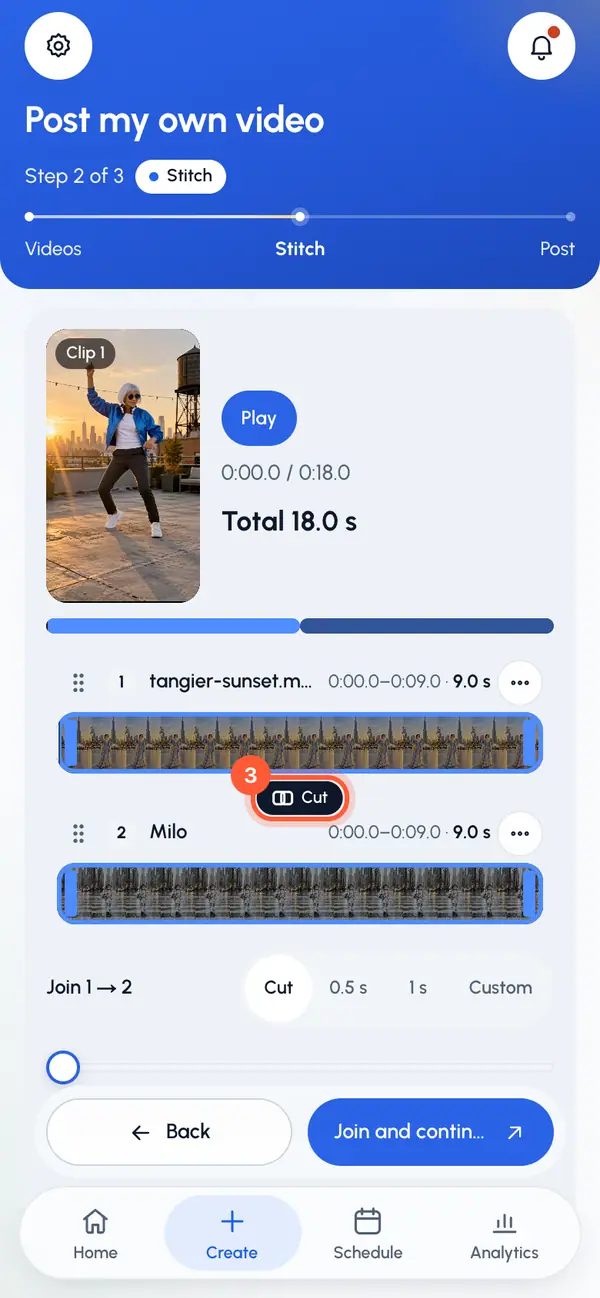 Tap the pill between two clips to choose how they join: Cut for a hard cut, a crossfade of 0.5 or 1 second, or Custom to set it with the slider.