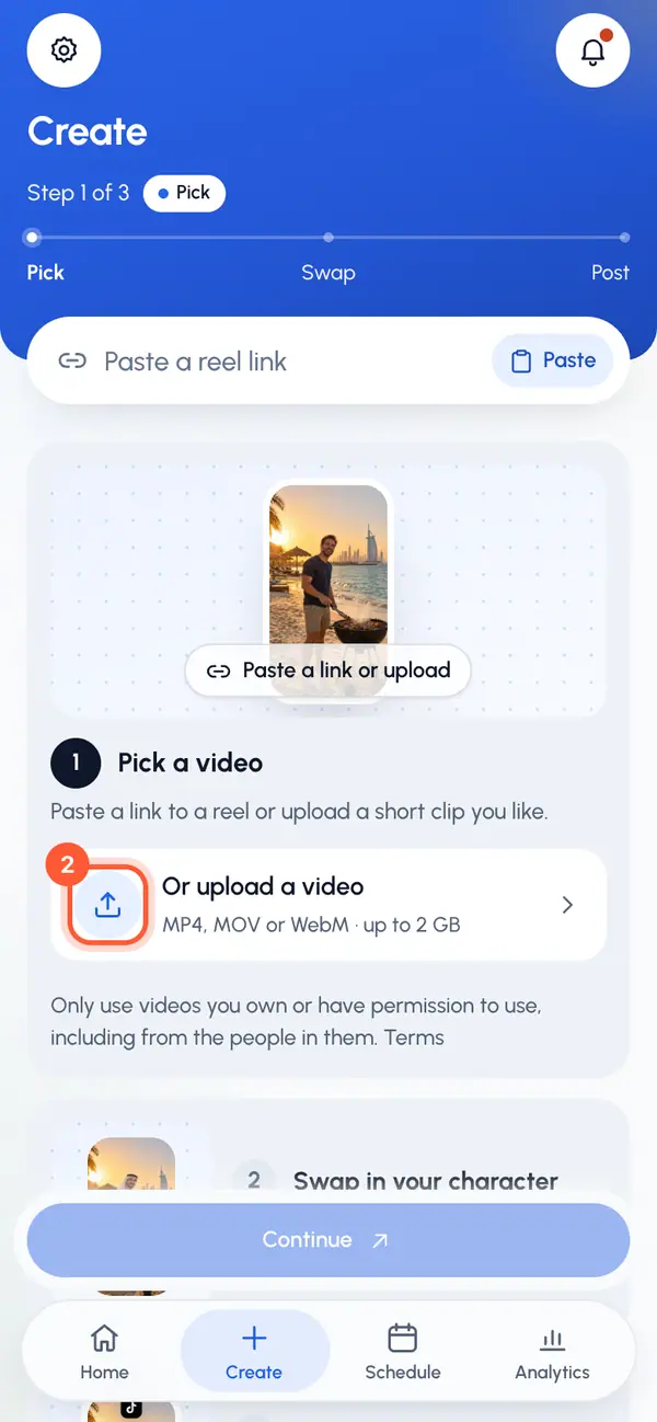 Under the link field, tap Or upload a video.