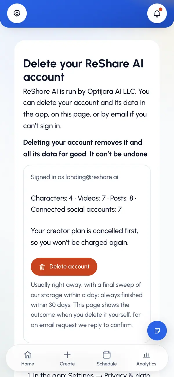 Check the page. It shows the email you're signed in with and how many characters, videos, posts and connected social accounts will go. If you have a paid plan, it says the plan is canceled first, so you won't be charged again.