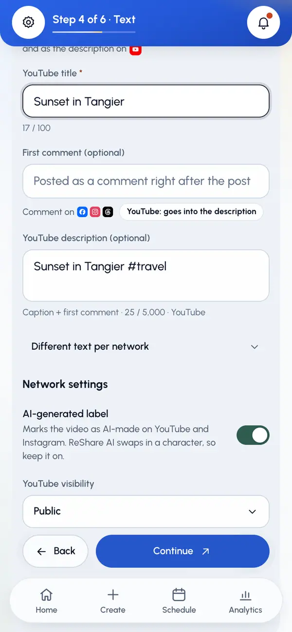 YouTube, Instagram and Facebook settings
