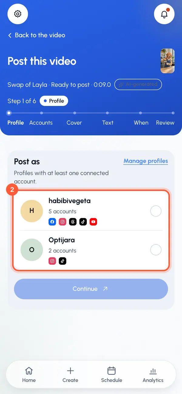 On the Post as step, pick the profile to post as, then tap Continue. Only profiles with a connected account are listed. If you have just one, it's already picked.