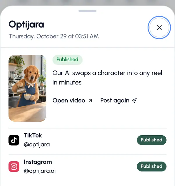 Buttons for what you can do next, like rescheduling a scheduled post or retrying a failed one.