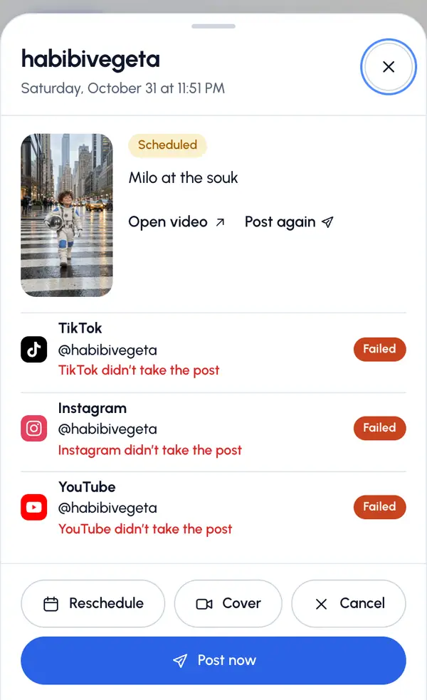 Change, cancel or retry a post