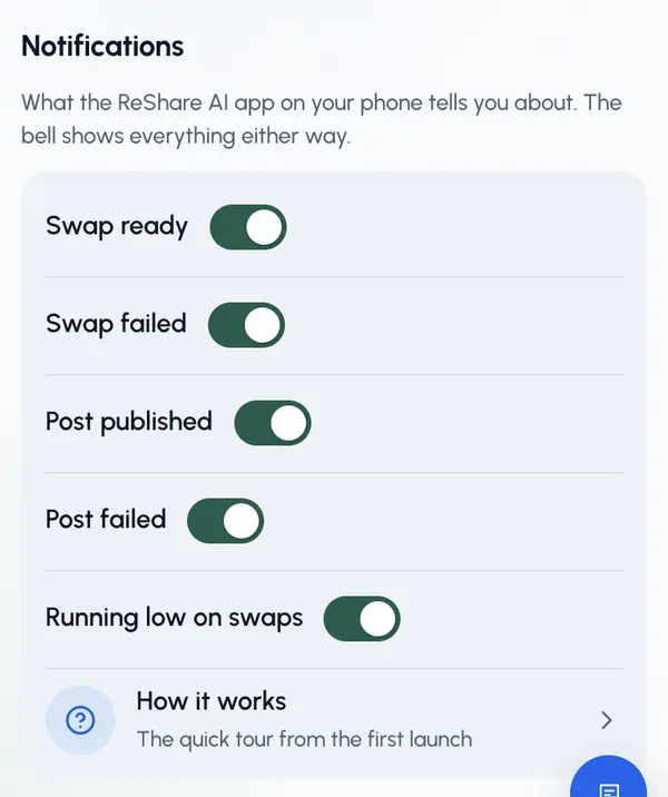 Turn each kind on or off: Swap ready, Swap failed, Post published, Post failed and Running low on swaps.