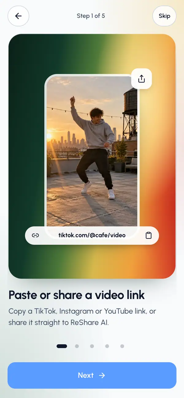 Swipe through the five tour slides, or tap Next. Tap Back to go back, or Skip to skip the rest.