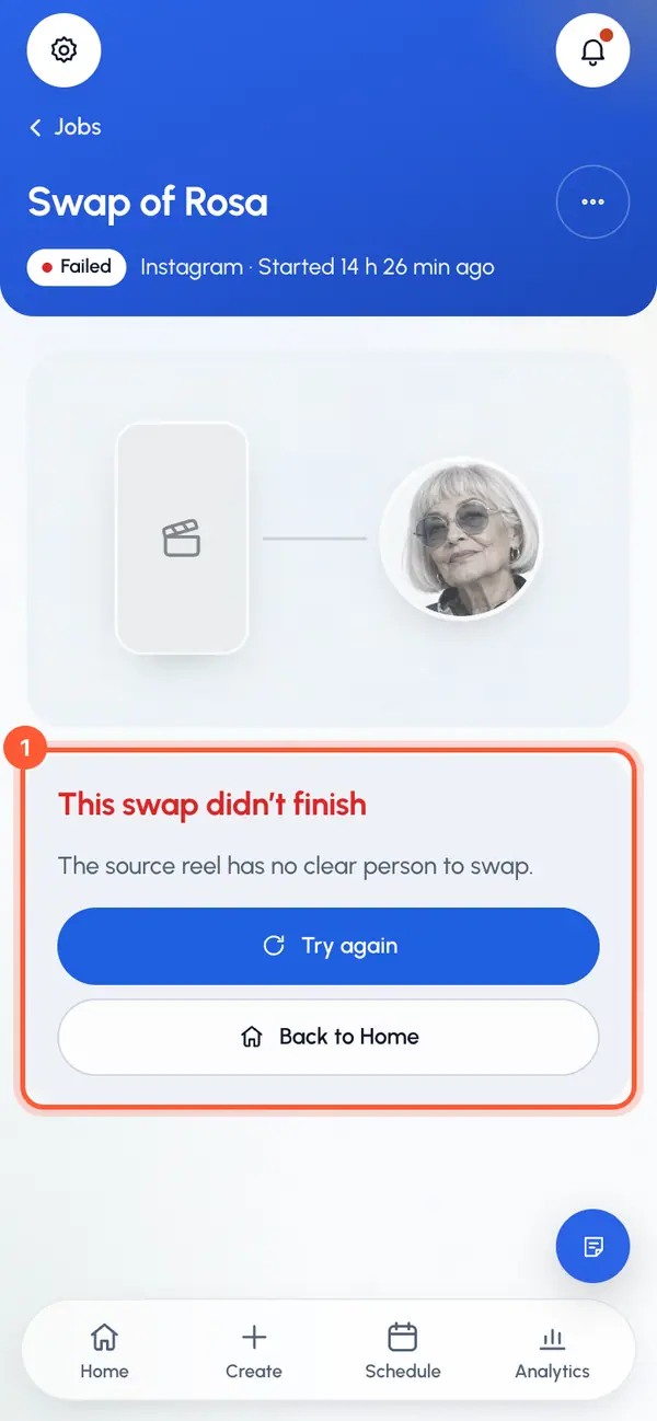 Open the failed video. Its page shows a short reason when there is one. Otherwise it says something went wrong while making the swap.