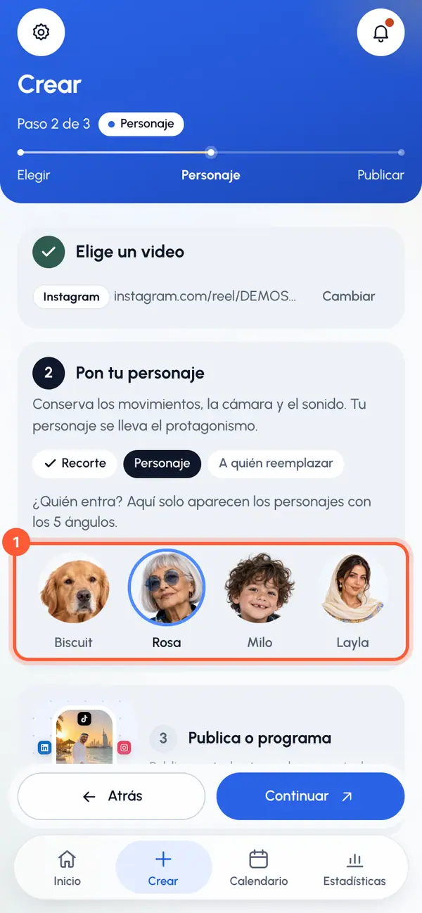 En Personaje, toca el personaje que quieras. El primero que está listo ya viene elegido.