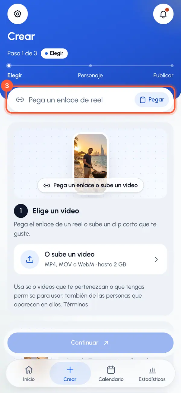 Toca Pegar en el campo del enlace de arriba, o escribe tú el enlace.