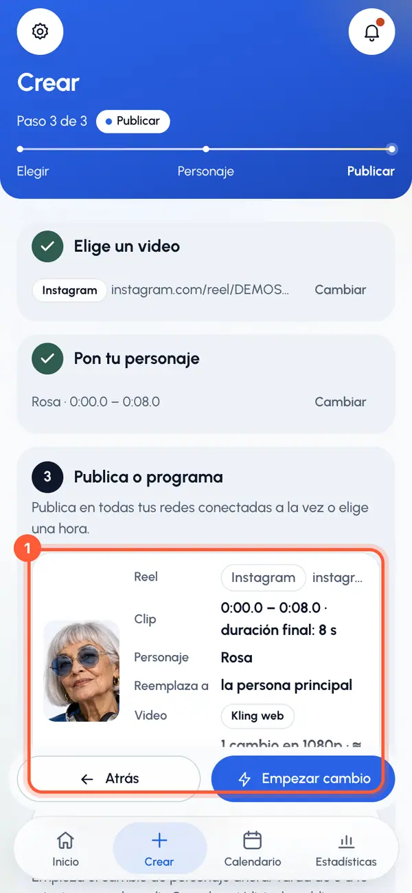 Revisa el resumen: Reel, Clip, Personaje y Reemplaza a. Si tu plan cuenta los cambios de personaje, Usa muestra lo que usa este.