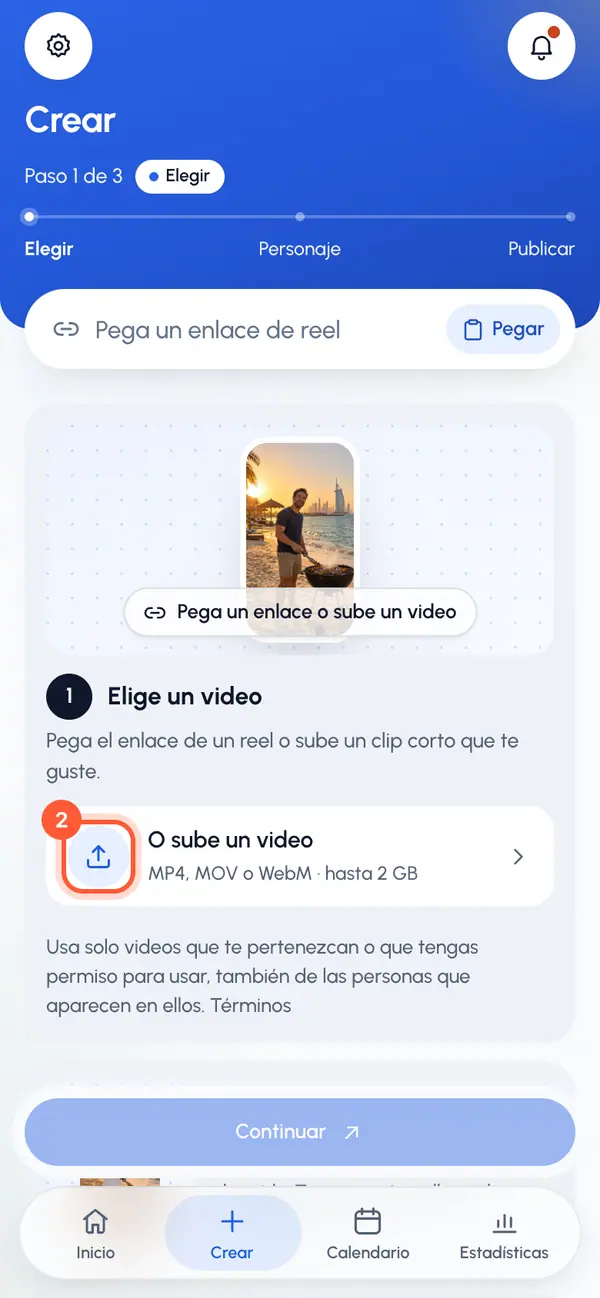 Debajo del campo del enlace, toca O sube un video.