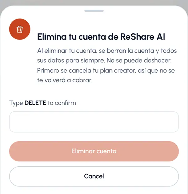 Escribe DELETE en el cuadro y vuelve a tocar Eliminar cuenta.