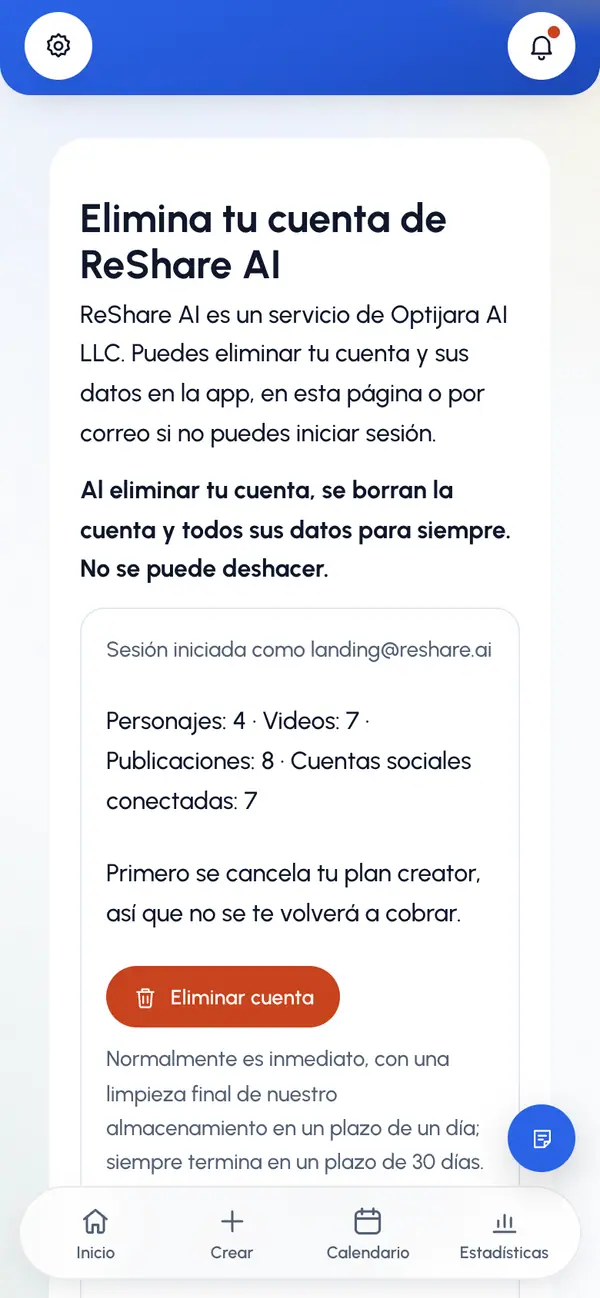 Revisa la página. Muestra el correo con el que iniciaste sesión y cuántos personajes, videos, publicaciones y cuentas de redes sociales conectadas se eliminarán. Si tienes un plan de pago, indica que primero se cancela el plan, para que no se te vuelva a cobrar.