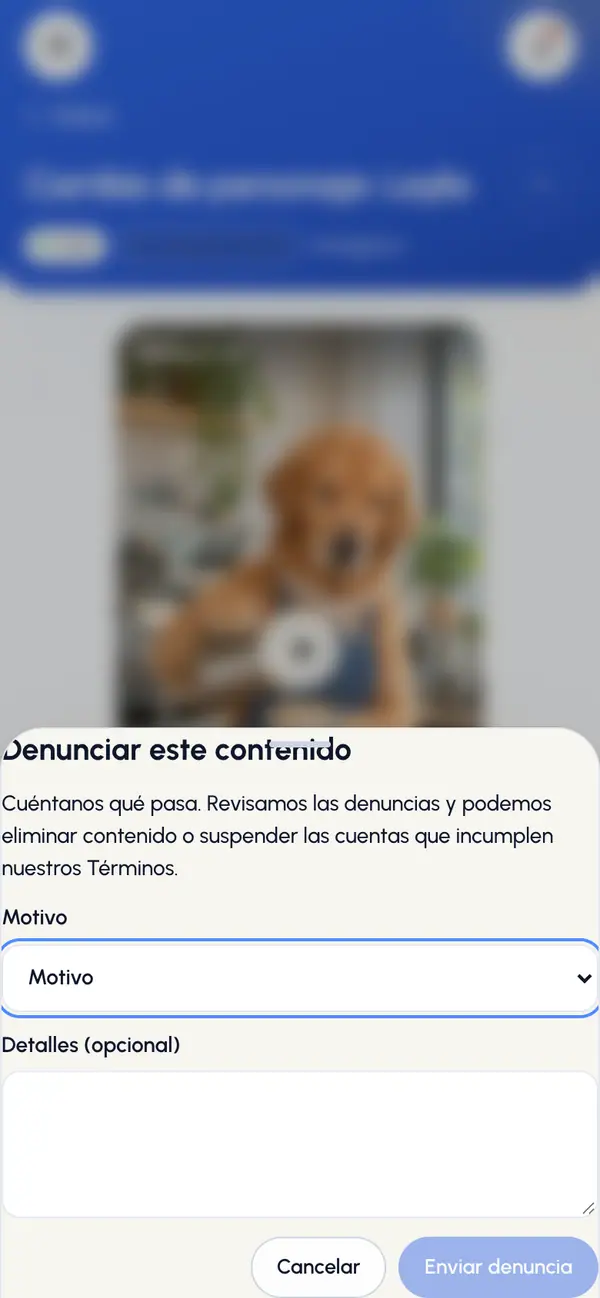 Toca Denunciar. Se abre la ventana Denunciar este contenido.