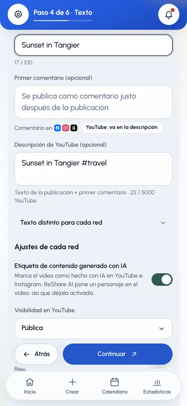 Ajustes de YouTube, Instagram y Facebook