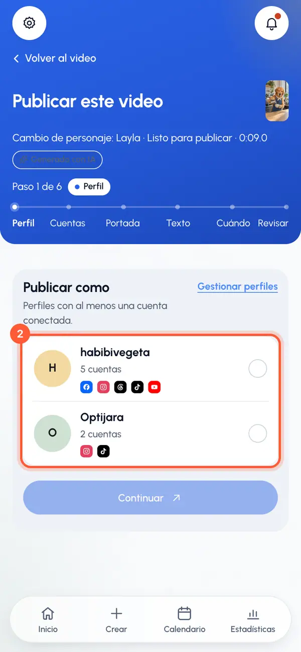 En el paso Publicar como, elige el perfil con el que quieres publicar y toca Continuar. Solo aparecen los perfiles con alguna cuenta conectada. Si solo tienes uno, ya viene elegido.