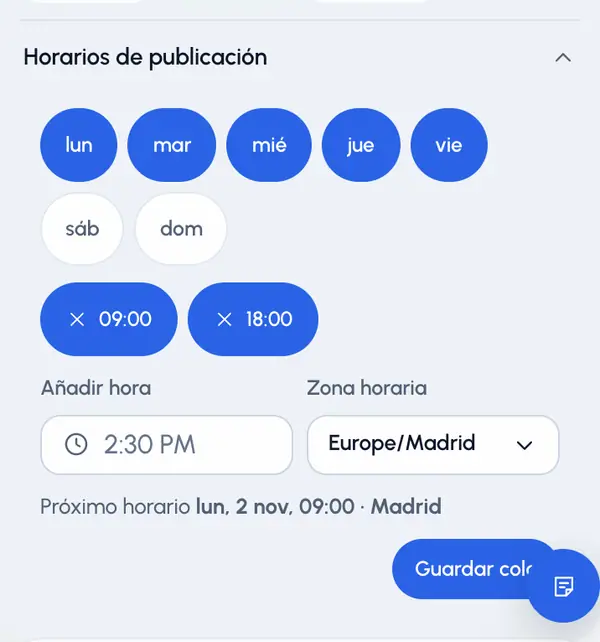 En la tarjeta del perfil, abre Horarios de publicación.