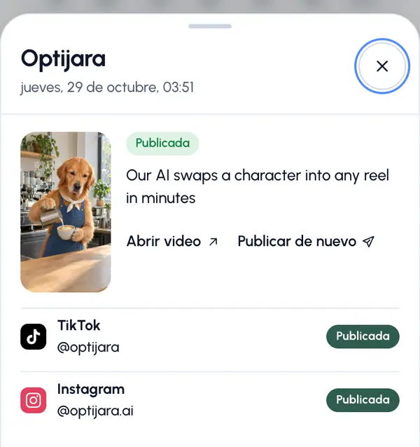 Botones para lo que puedes hacer después, como reprogramar una publicación programada o reintentar una que falló.