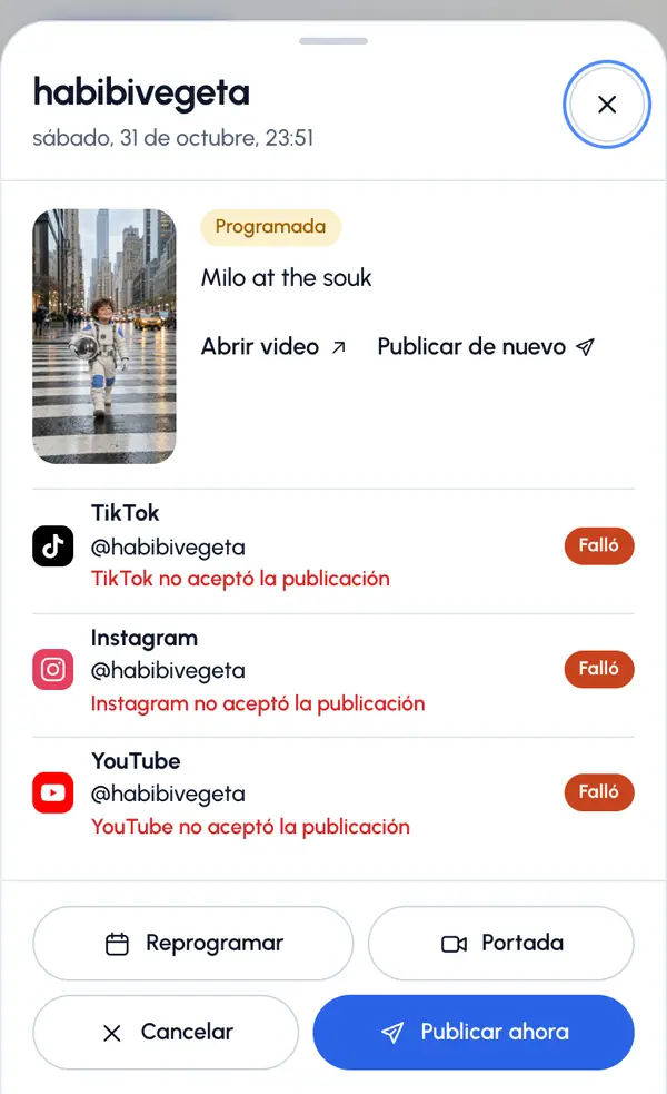 Cambiar, cancelar o reintentar una publicación