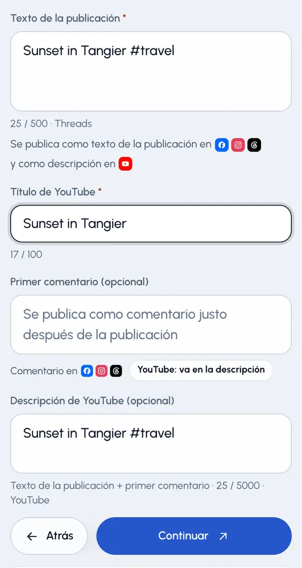 Lee la línea que hay debajo del contador. Indica dónde va el texto: como texto de la publicación en la mayoría de las redes, y como descripción en YouTube.