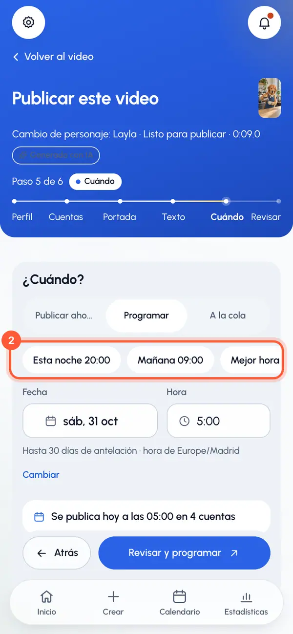 Toca una de las Opciones rápidas, o elige tú la Fecha y la Hora. Las horas van de 15 en 15 minutos.