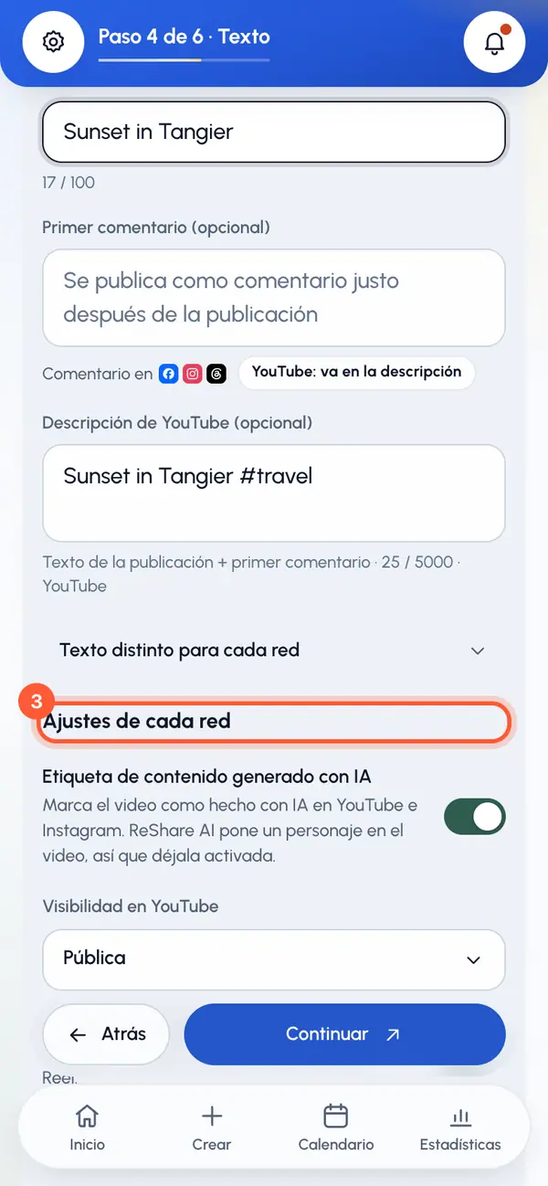 En Ajustes de cada red, busca Etiqueta de contenido generado con IA.