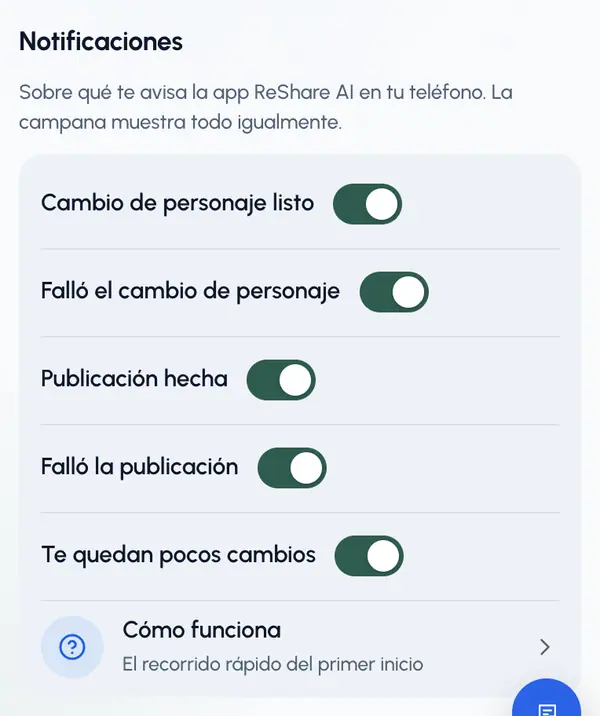 Activa o desactiva cada tipo: Cambio de personaje listo, Falló el cambio de personaje, Publicación hecha, Falló la publicación y Te quedan pocos cambios.