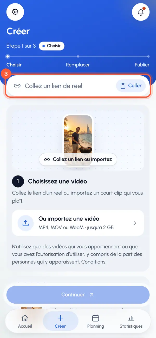 Touchez Coller dans le champ du lien en haut, ou saisissez le lien vous-même.