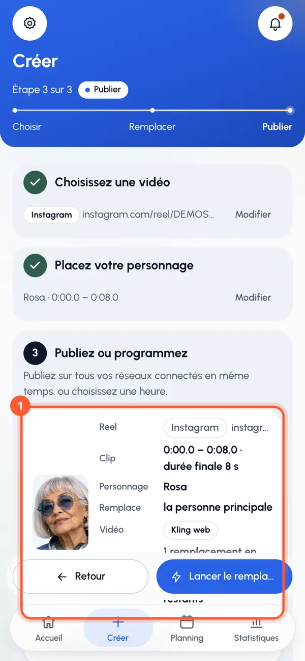 Vérifiez le récapitulatif : Reel, Clip, Personnage et Remplace. Si votre forfait compte les remplacements, Utilise indique ce que ce remplacement utilise.