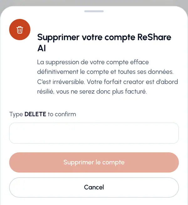 Saisissez DELETE dans le champ, puis touchez de nouveau Supprimer le compte.