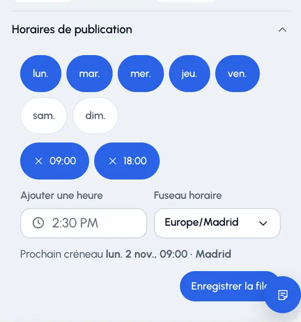 Sur la carte du profil, ouvrez Horaires de publication.