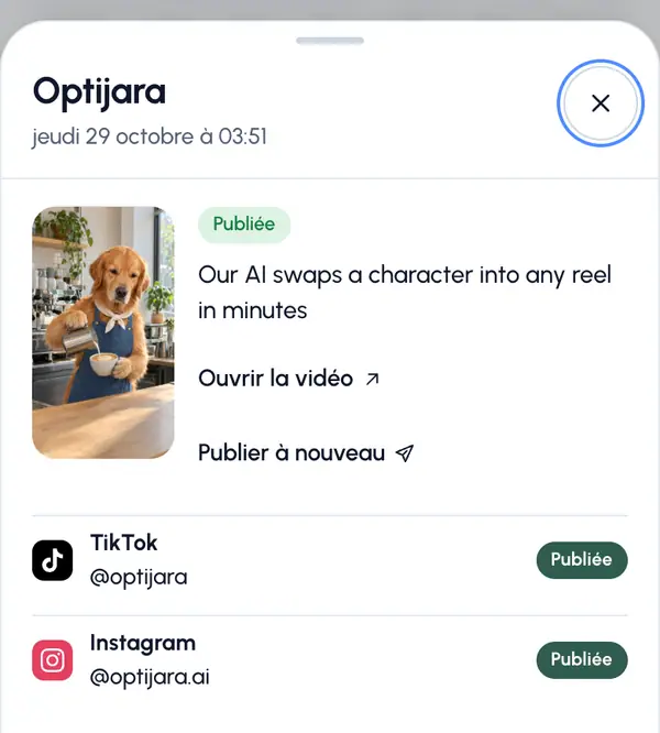 Des boutons pour la suite, comme reprogrammer une publication programmée ou relancer une publication en échec.
