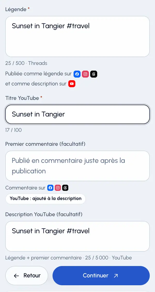 Lisez la ligne sous le compteur. Elle indique où va la légende : en légende sur la plupart des réseaux, et en description sur YouTube.