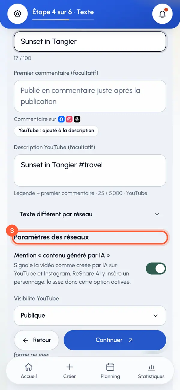 Sous Paramètres des réseaux, trouvez Mention « contenu généré par IA ».