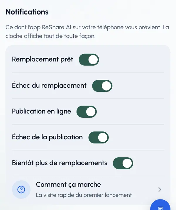 Activez ou désactivez chaque type : Remplacement prêt, Échec du remplacement, Publication en ligne, Échec de la publication et Bientôt plus de remplacements.