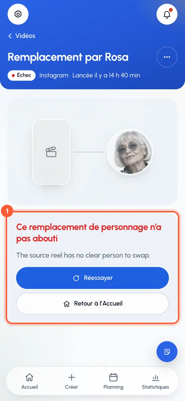 Ouvrez la vidéo en échec. Sa page affiche une courte raison quand il y en a une. Sinon, elle indique qu’un problème est survenu pendant le remplacement.