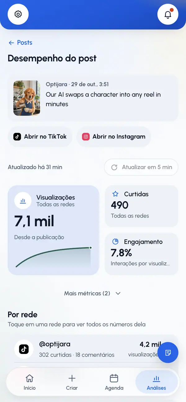 Veja Desempenho do post: o vídeo, a legenda e um link para abrir o post em cada rede.