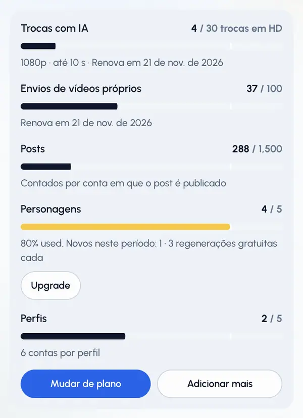 Em Este período de cobrança, cada medidor mostra o que você usou. Os medidores de trocas com IA e de envios também mostram quando são renovados.
