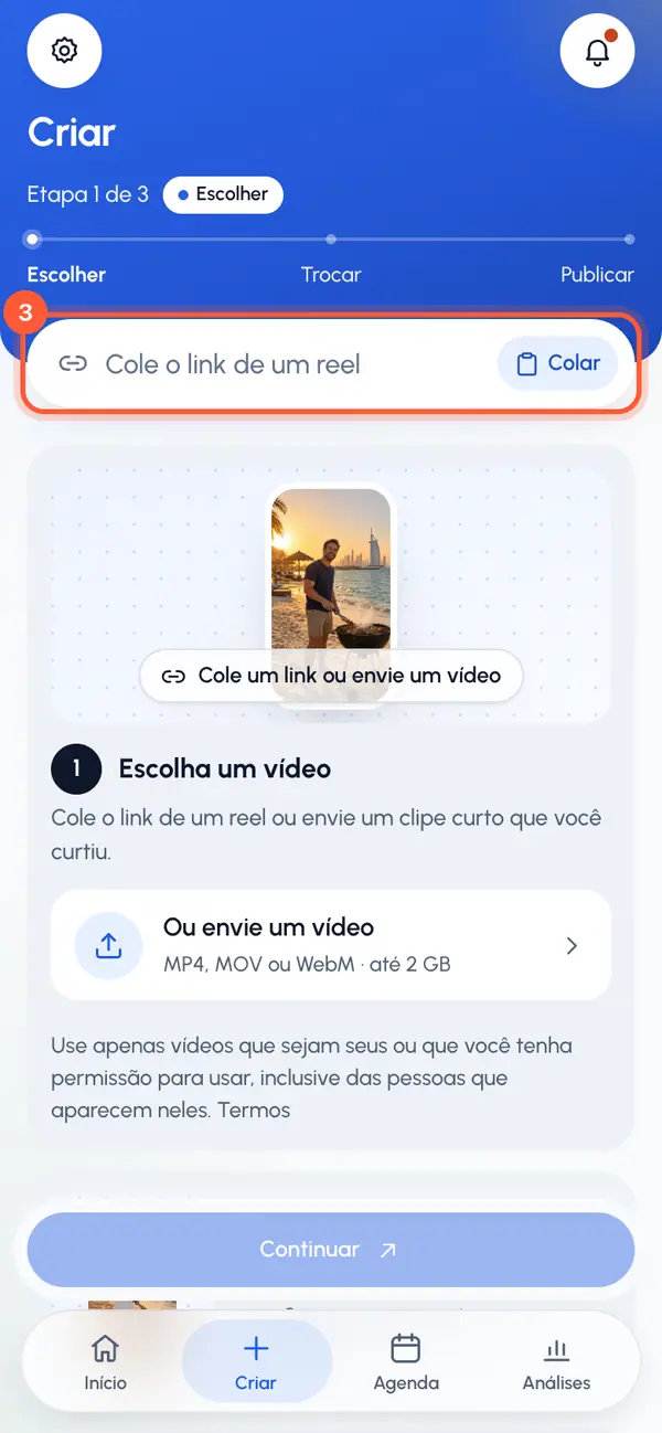 Toque em Colar no campo de link no topo, ou digite o link você mesmo.