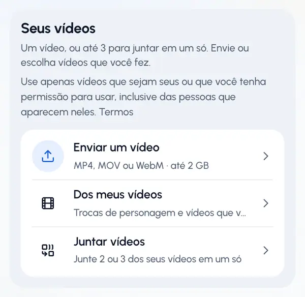 Toque em Enviar um vídeo para escolher um arquivo, ou em Dos meus vídeos para escolher uma troca ou um vídeo que você fez antes.
