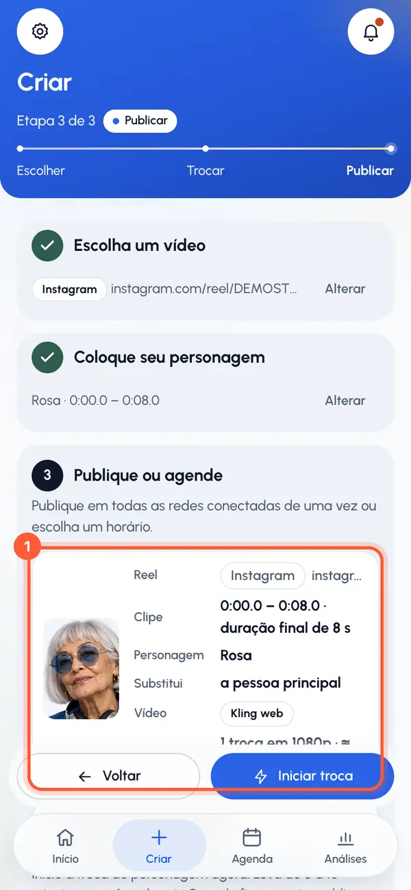Confira o resumo: Reel, Clipe, Personagem e Substitui. Se o seu plano conta trocas, Usa mostra o que esta troca usa.